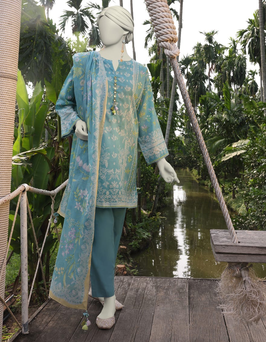 BLUE LAWN PRINTED UNSTITCHED 3PC | JLAWN-S-25-803