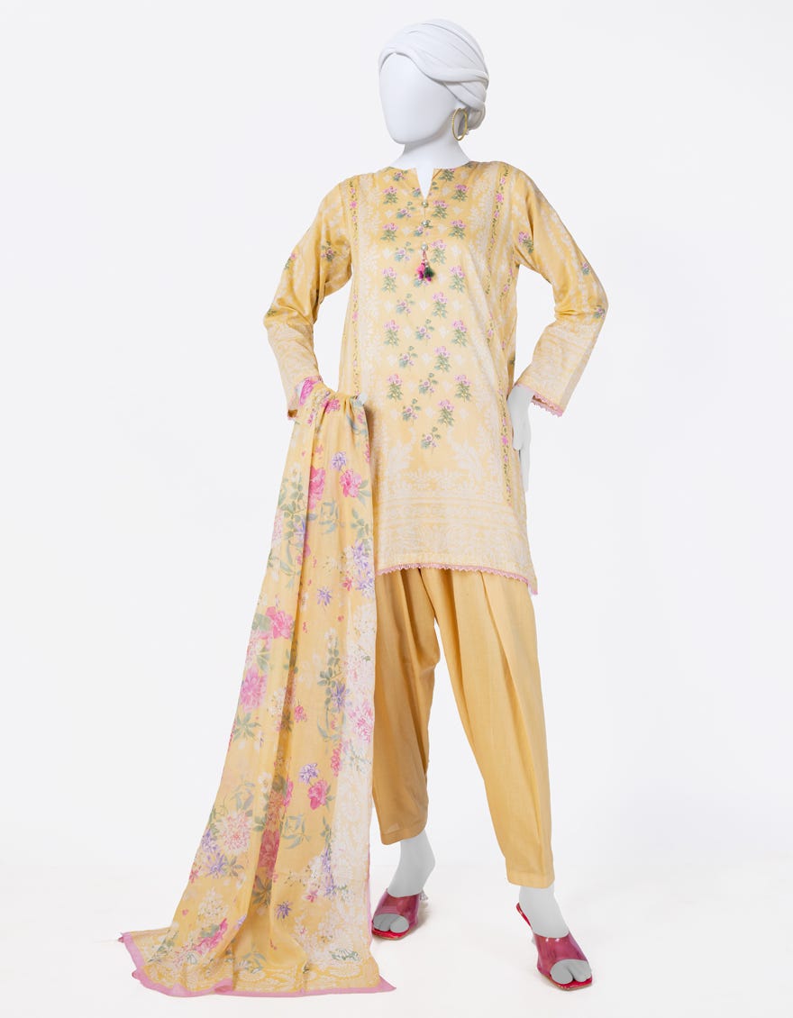 YELLOW LAWN PRINTED 3PC STITCHED | JLAWN-S-25-804