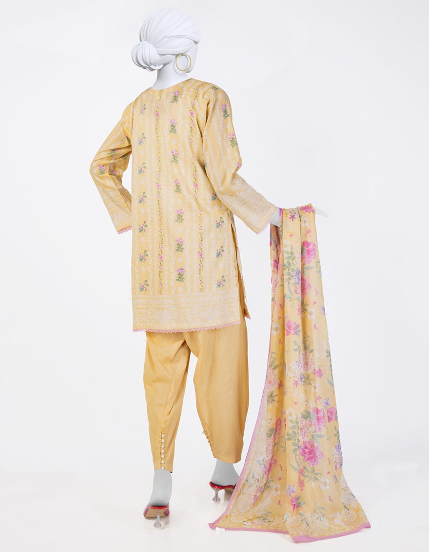 YELLOW LAWN PRINTED 3PC STITCHED | JLAWN-S-25-804