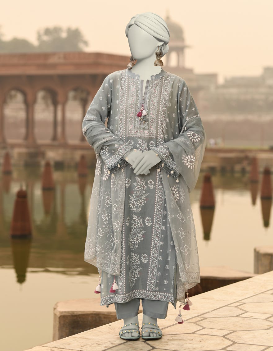 GREY LAWN PRINTED UNSTITCHED 3PC | JLAWN-S-25-818