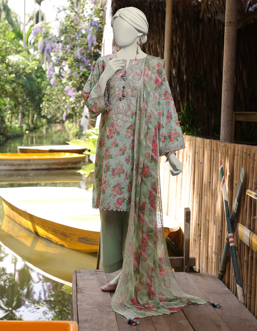 GREEN LAWN EMBROIDERED UNSTITCHED 3PC | JLAWN-S-25-843