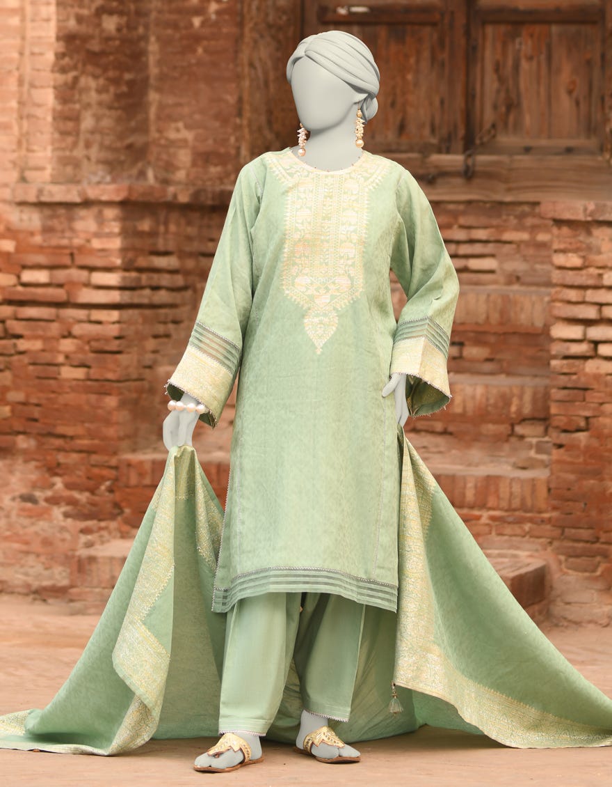 GREEN JACQUARD DYED UNSTITCHED 3PC | JLAWN-S-25-848
