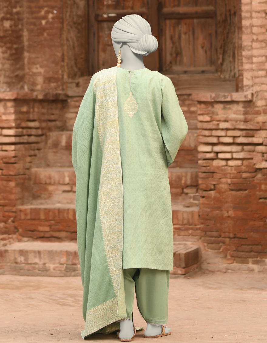 GREEN JACQUARD DYED UNSTITCHED 3PC | JLAWN-S-25-848