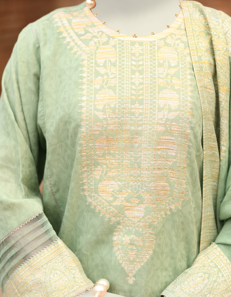 GREEN JACQUARD DYED UNSTITCHED 3PC | JLAWN-S-25-848