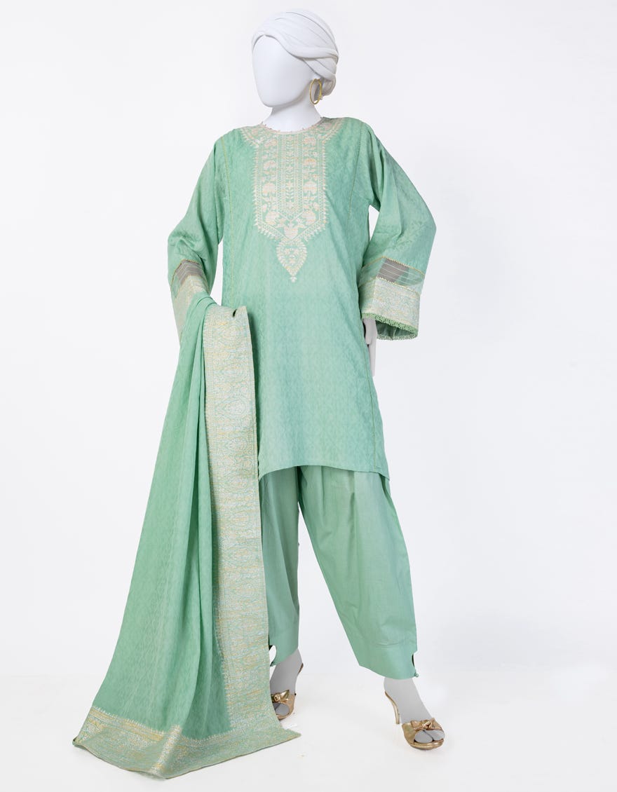 GREEN JACQUARD DYED 3PC STITCHED | JLAWN-S-25-848