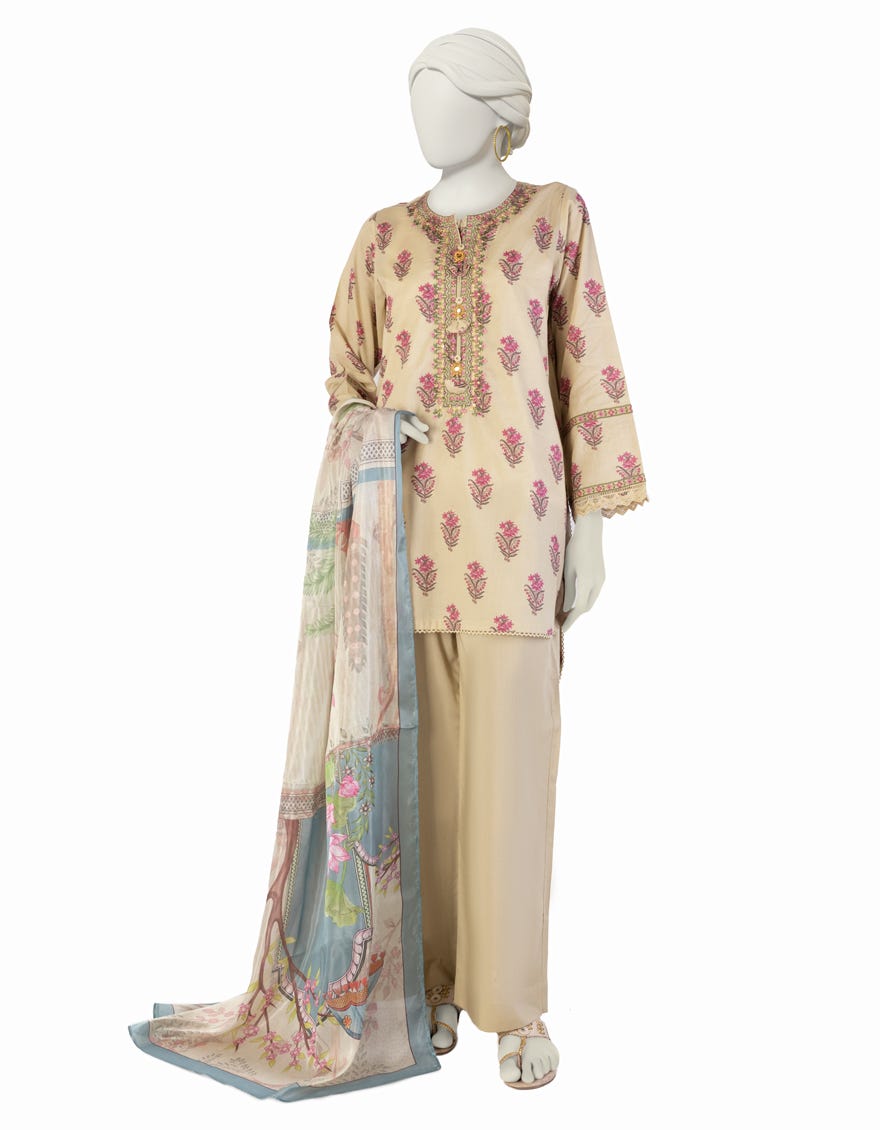 BEIGE LAWN EMBROIDERED 3PC STITCHED