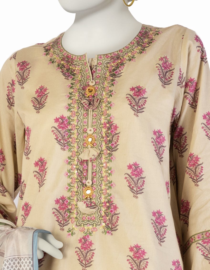 BEIGE LAWN EMBROIDERED 3PC STITCHED