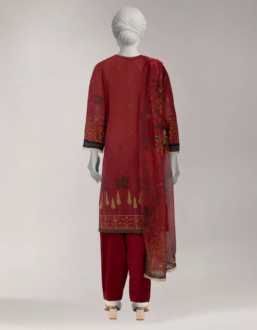 MAROON LAWN EMBROIDERED STITCHED 3PC