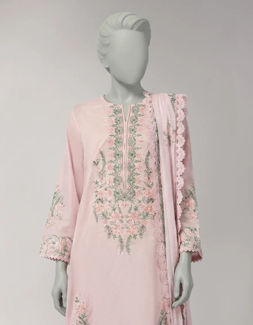 PINK LAWN EMBROIDERED STITCHED 3PC