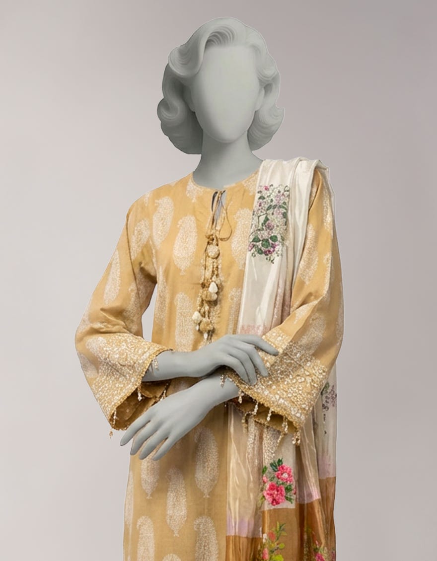 BEIGE LAWN PASTE PRINTED UNSTITCHED 3PC