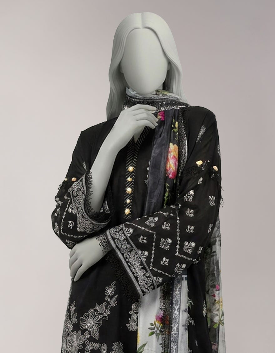 BLACK LAWN PASTE PRINTED UNSTITCHED 3PC