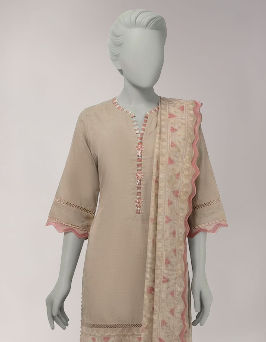 BEIGE JACQUARD SHIMMER UNSTITCHED 3PC