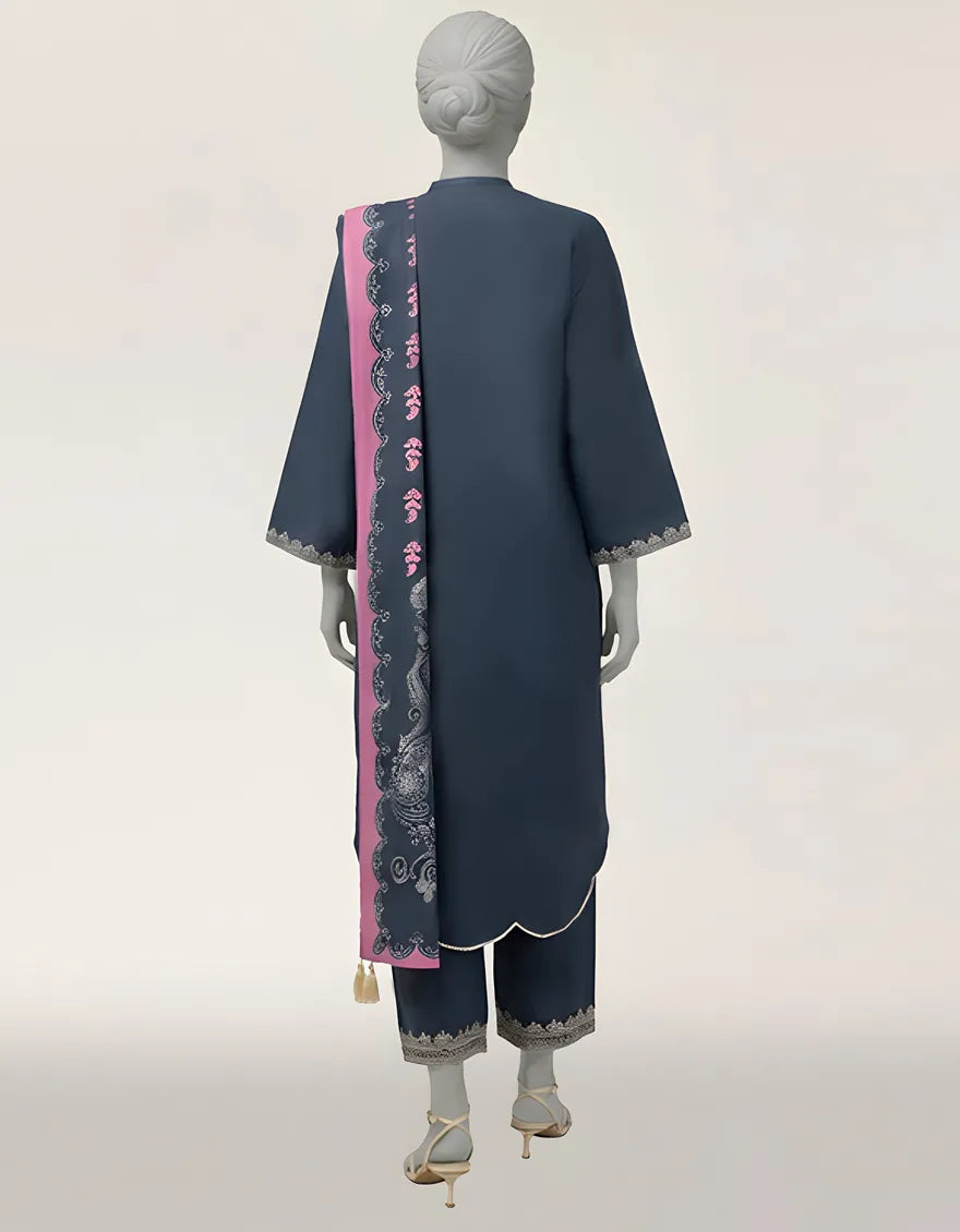 BLUE LAWN EMBROIDERED STITCHED 3PC