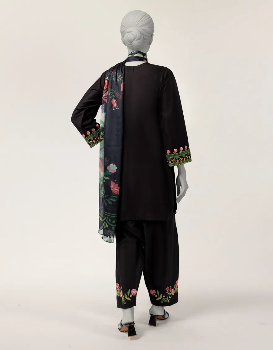 BLACK LAWN EMBROIDERED STITCHED 3PC
