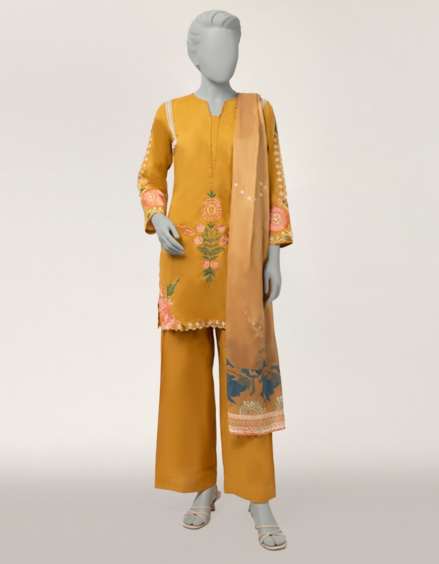 YELLOW LAWN EMBROIDERED STITCHED 3PC