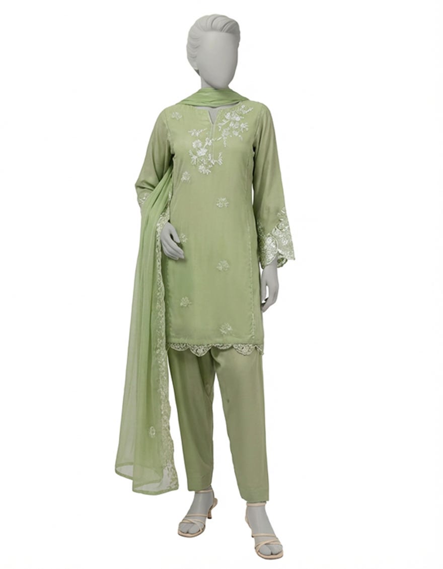 GREEN DOBBY EMBROIDERED 3PC STITCHED