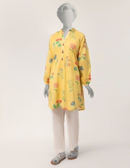 YELLOW LAWN PRINTED KURTI
