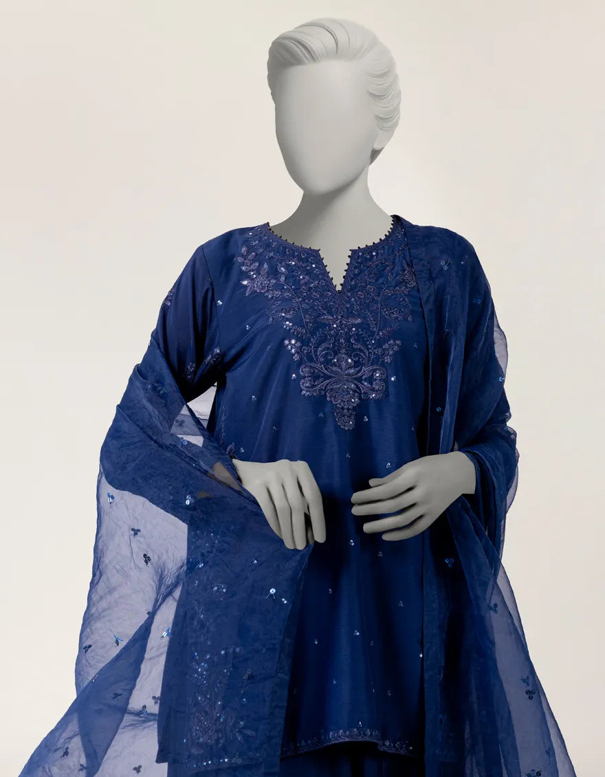 BLUE RAW SILK EMBROIDERED STITCHED 3PC