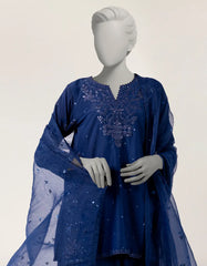 BLUE RAW SILK EMBROIDERED STITCHED 3PC