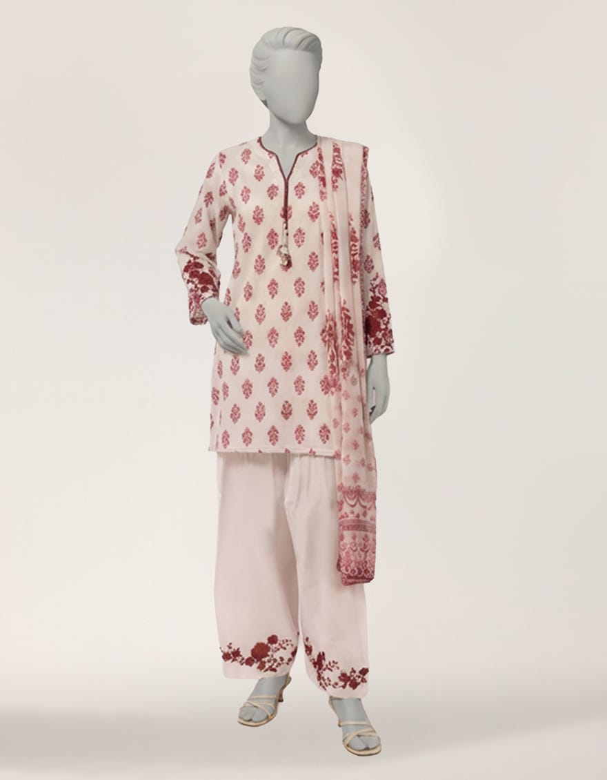 WHITE LAWN EMBROIDERED STITCHED 3PC