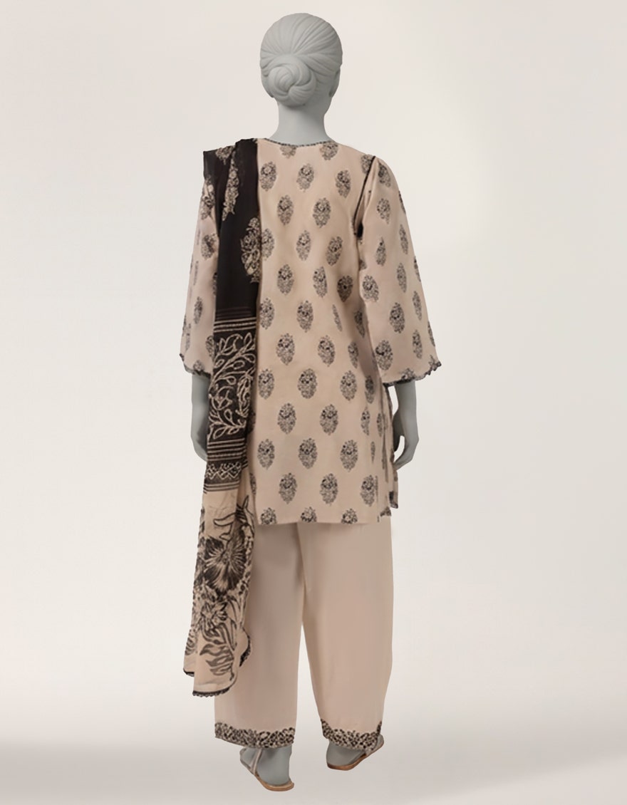 BEIGE LAWN EMBROIDERED STITCHED 3PC
