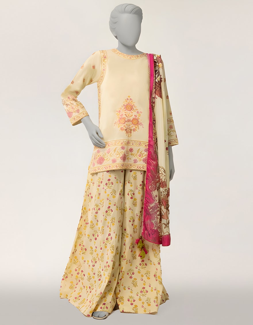 CREAM DOBBY EMBROIDERED STITCHED 3PC
