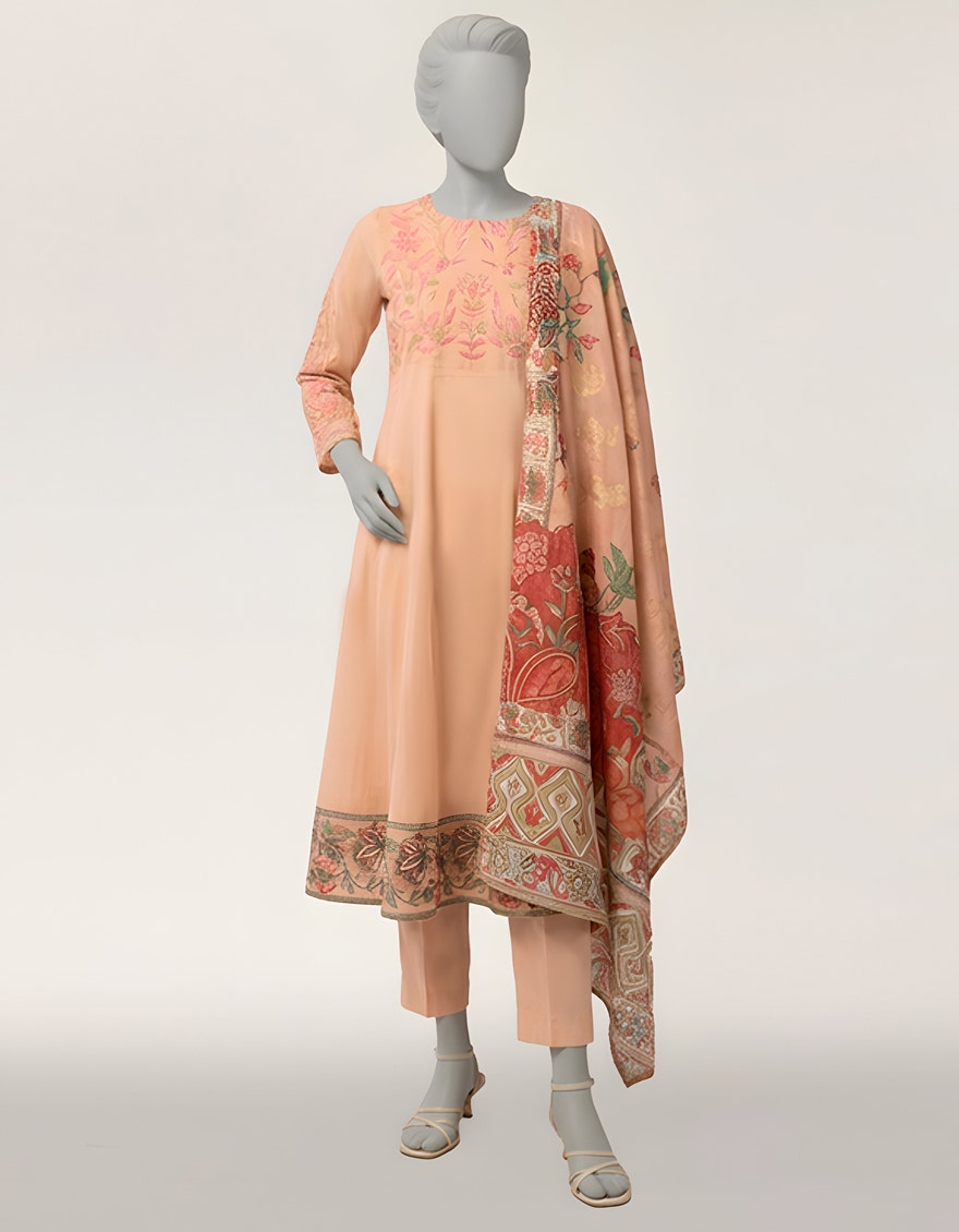 PEACH ORGANZA EMBROIDERED STITCHED 3PC