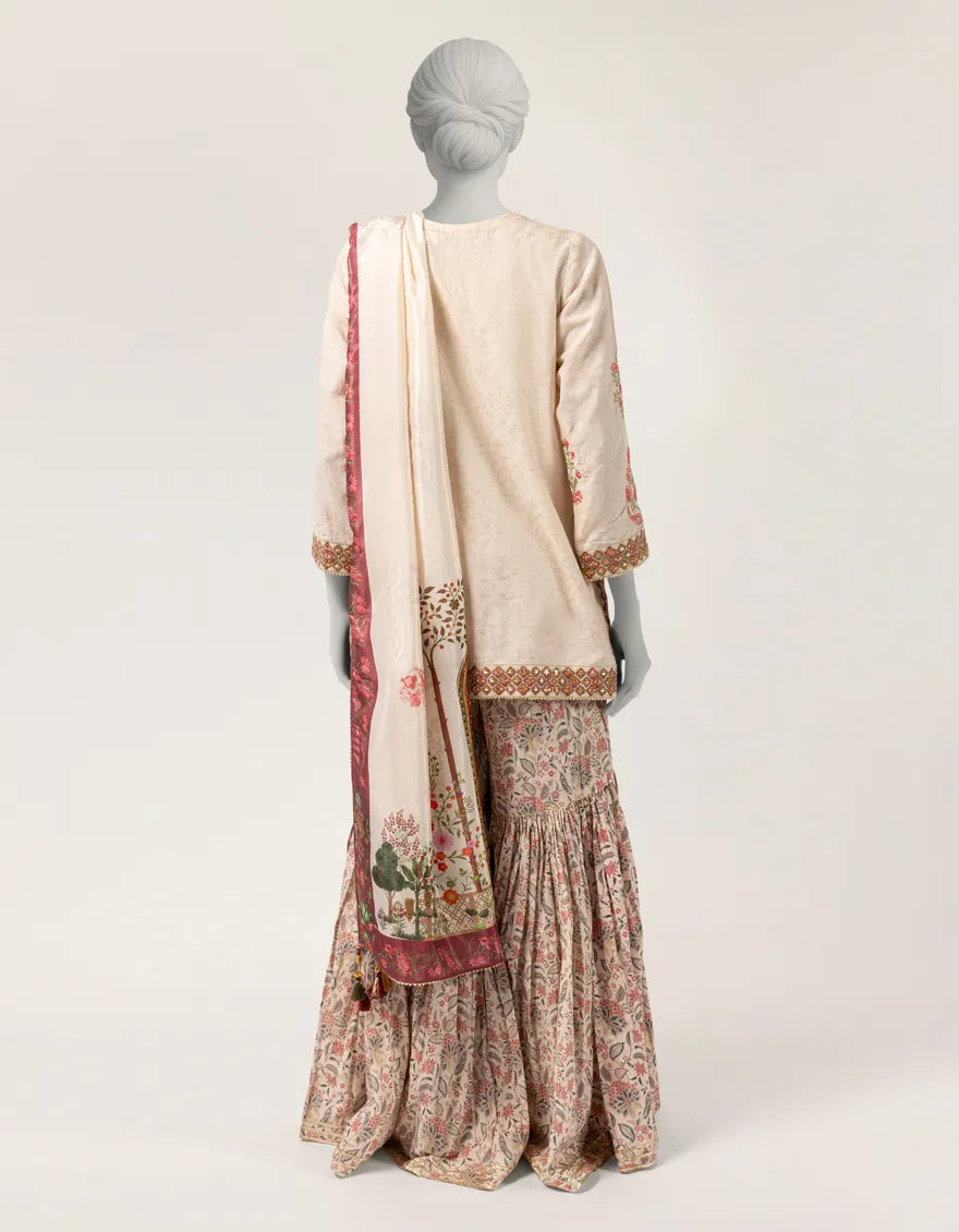 BEIGE RAW SILK EMBROIDERED STITCHED 3PC