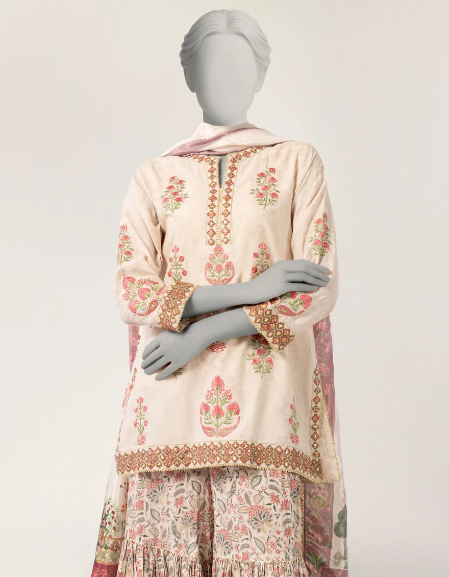 BEIGE RAW SILK EMBROIDERED STITCHED 3PC