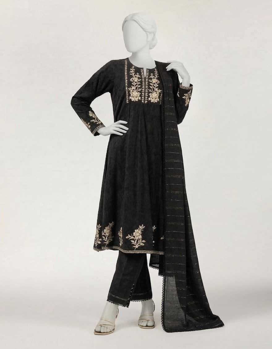 BLACK DOBBY EMBROIDERED STITCHED 3PC