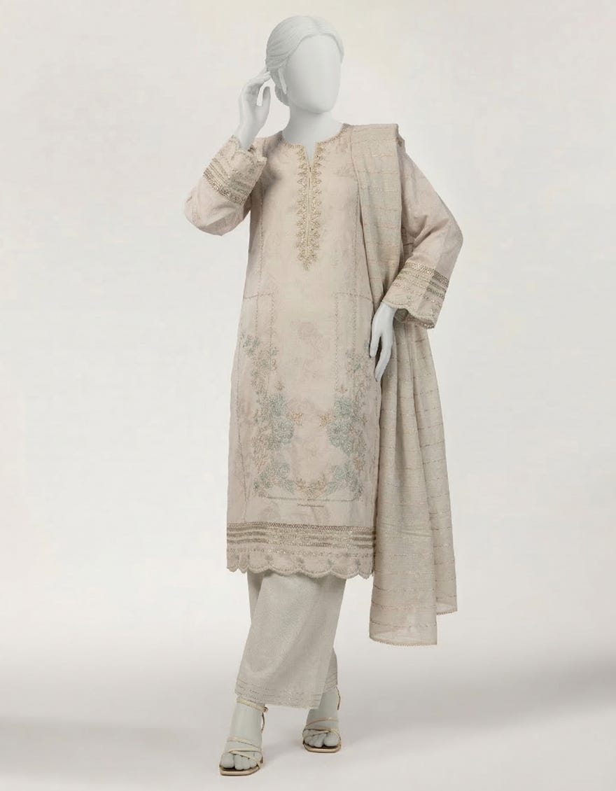 GREY DOBBY EMBROIDERED STITCHED 3PC