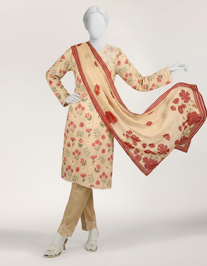 BEIGE LAWN EMBROIDERED STITCHED 3PC