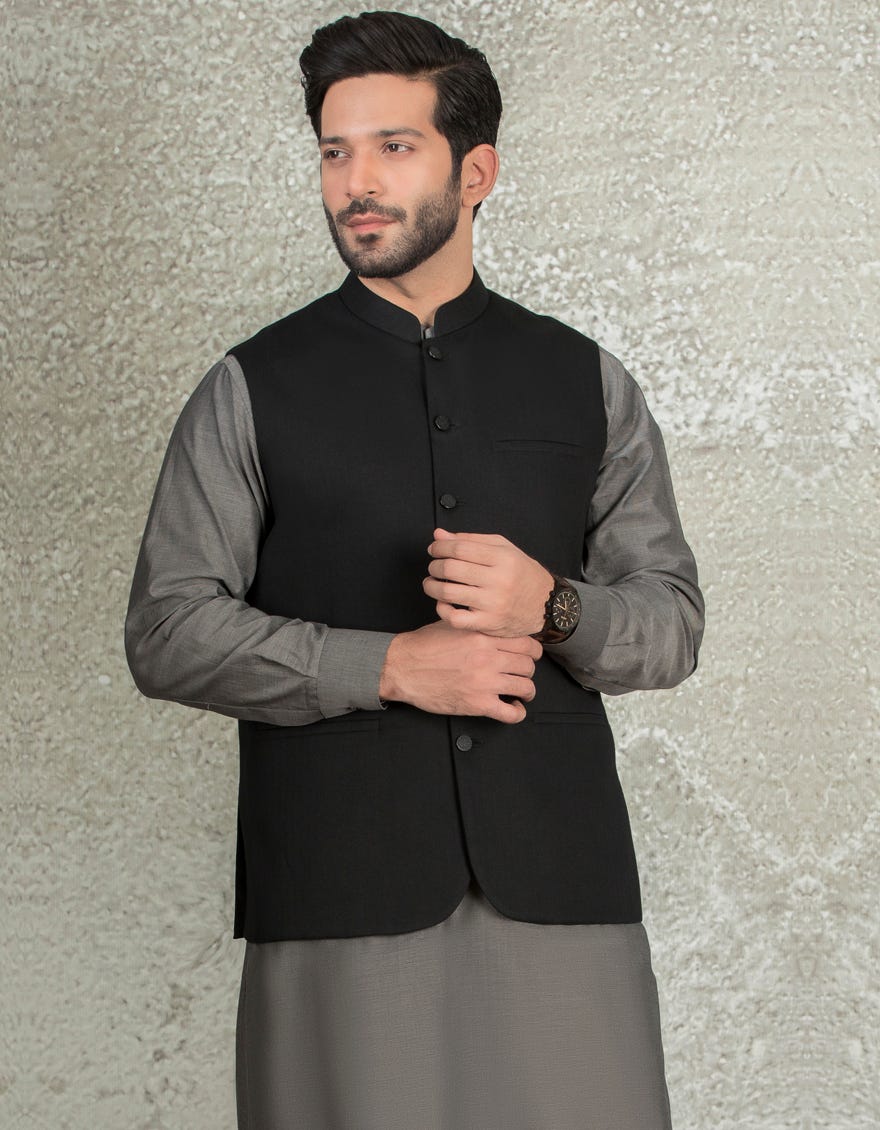 BLACK SUITING WAISTCOAT | JJVC-27380-R2