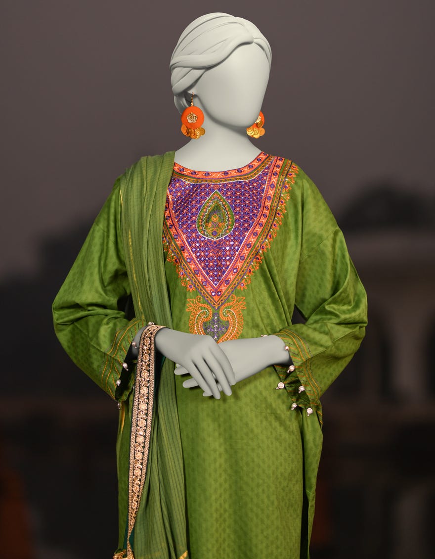 GREEN DOBBY EMBROIDERED UNSTITCHED 3PC | JLAWN-S-25-3078