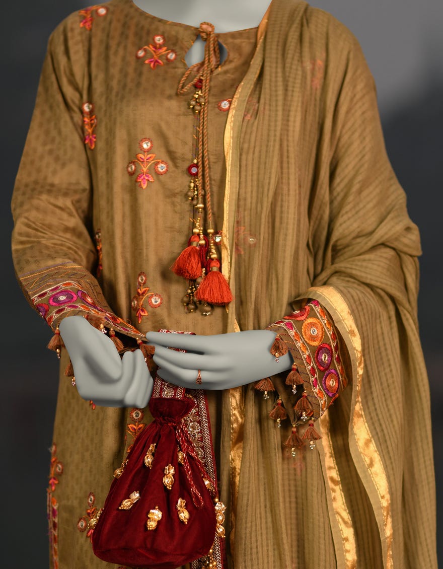 GREEN DOBBY EMBROIDERED UNSTITCHED 3PC | JLAWN-S-25-3081