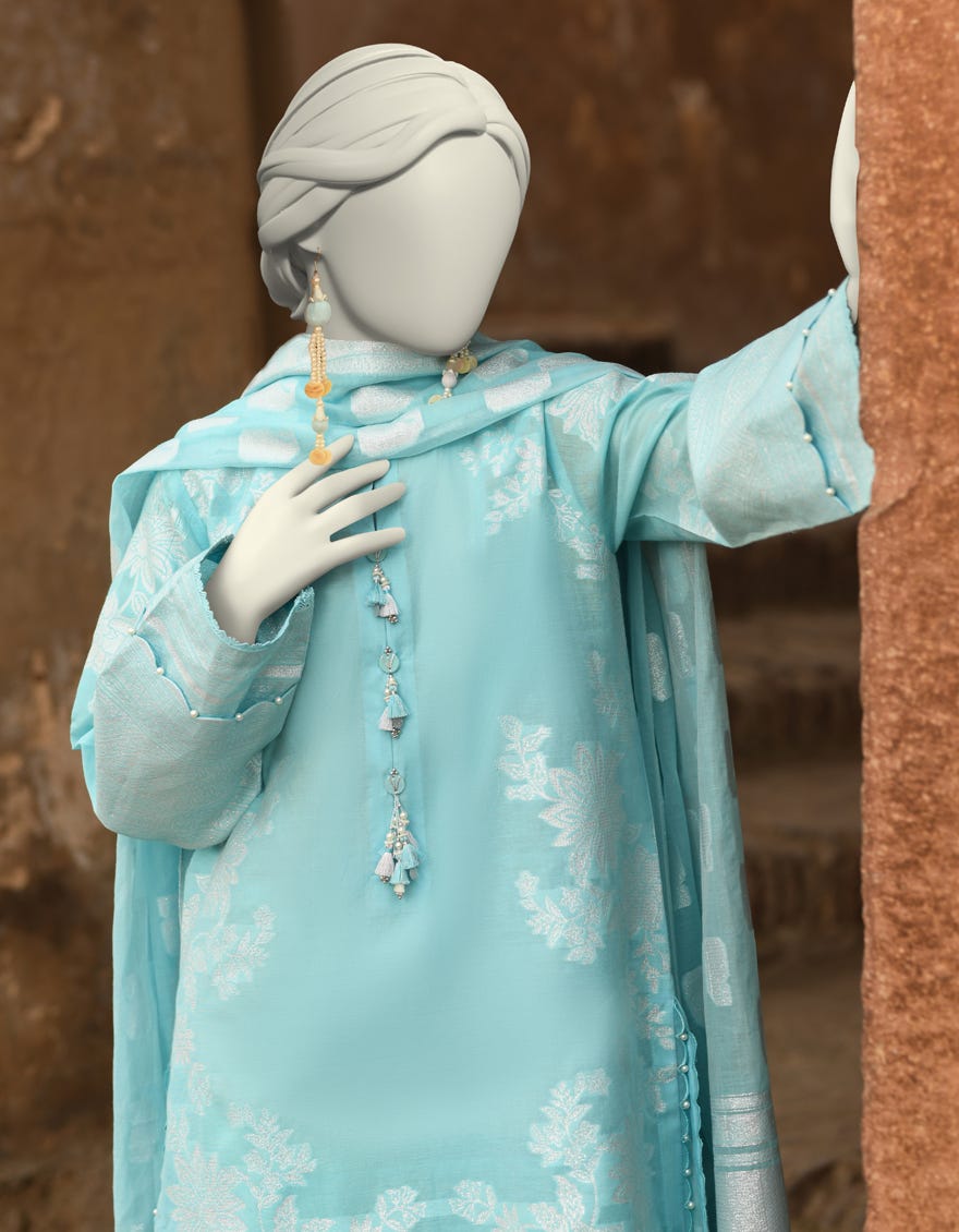 BLUE JACQUARD DYED UNSTITCHED 3PC | JLAWN-S-25-3216