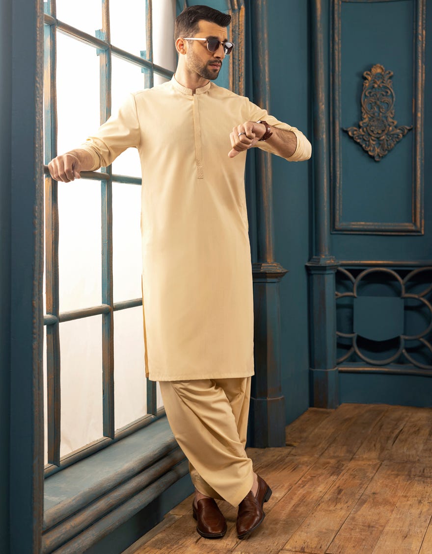 BEIGE BLENDED KAMEEZ SHALWAR | JJKS-S-32542