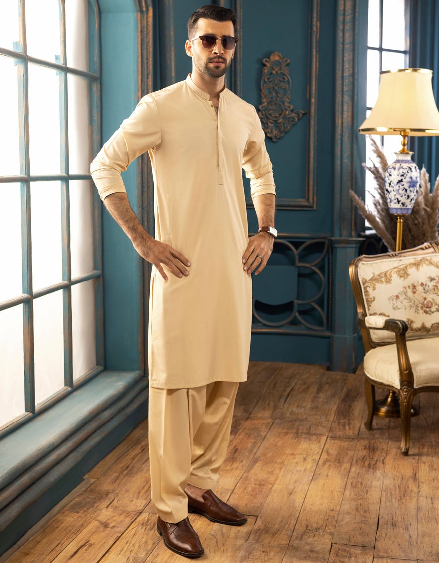 BEIGE BLENDED KAMEEZ SHALWAR | JJKS-S-32542