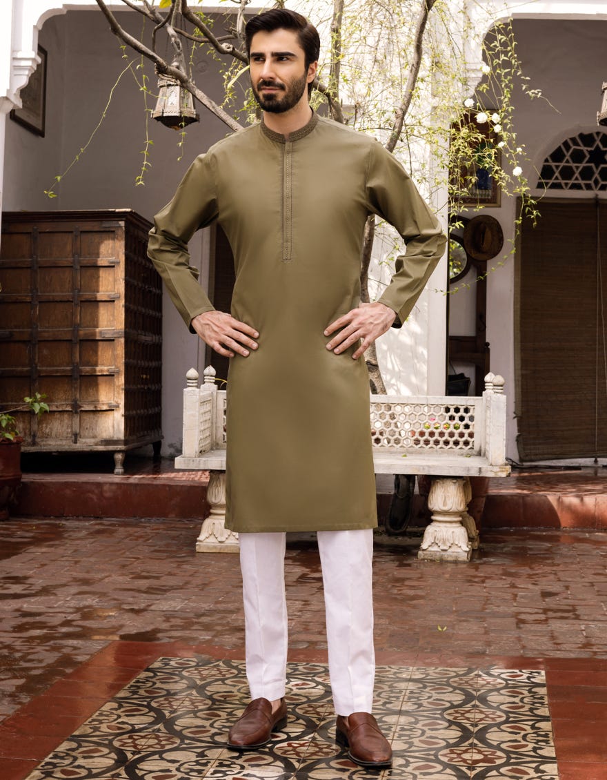 OLIVE COTTON KURTA | JJK-S-32555