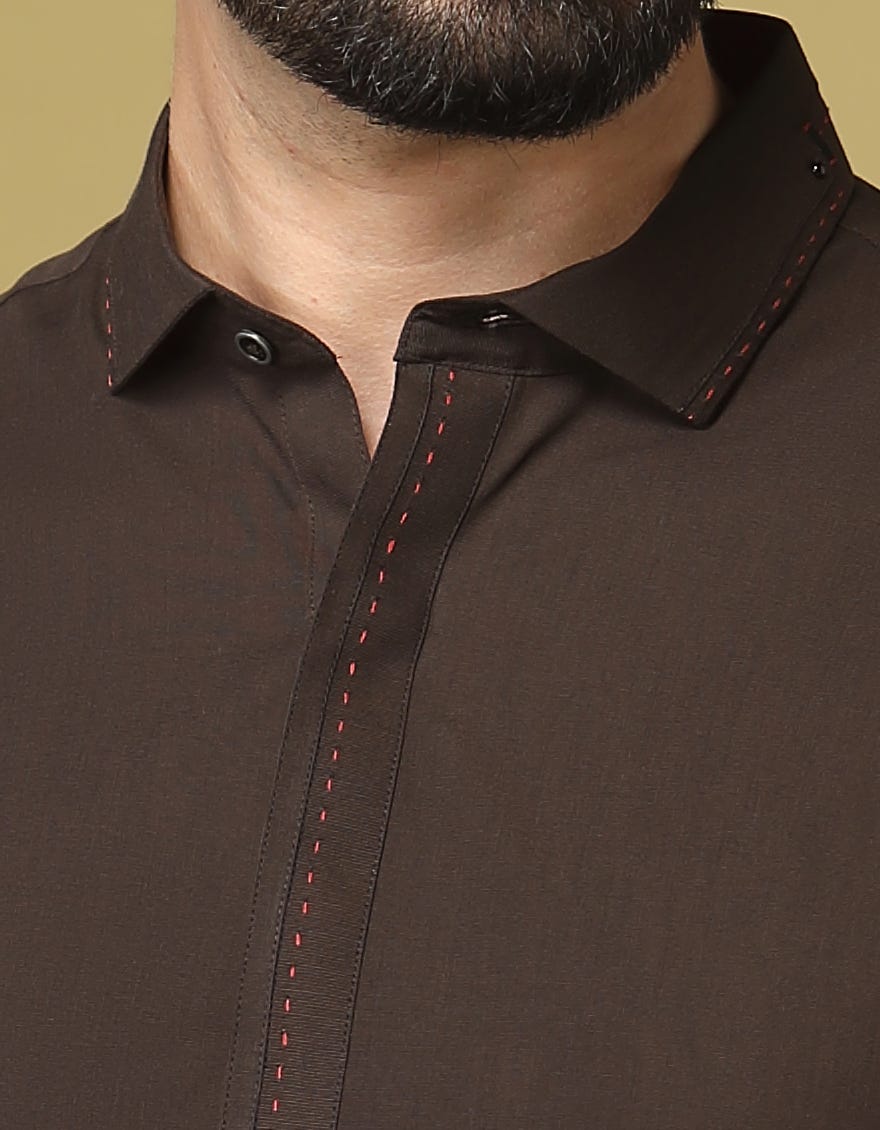 DARK BROWN BLENDED KURTA PAJAMA | JJKP-S-32580
