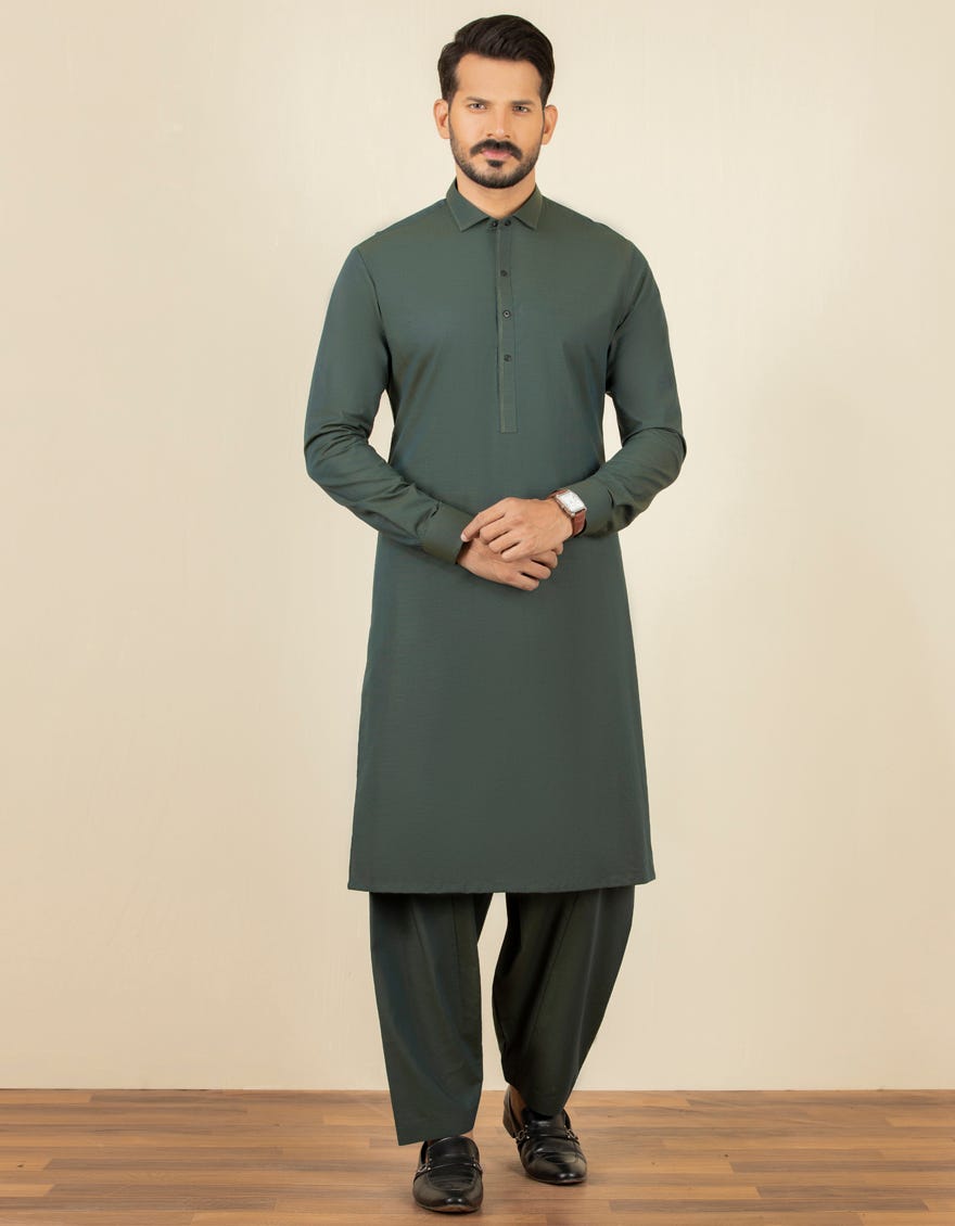 DARK GREEN COTTON KAMEEZ SHALWAR | JJKS-S-32593