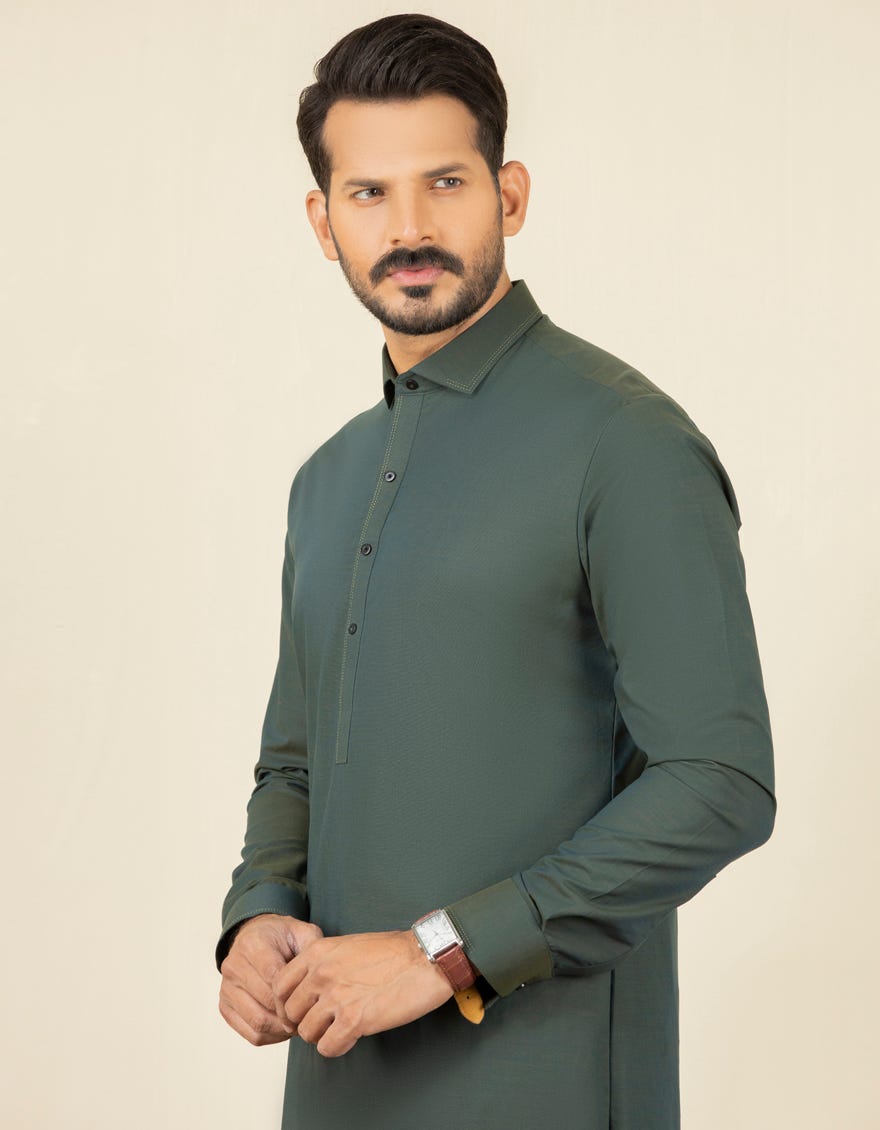DARK GREEN COTTON KAMEEZ SHALWAR | JJKS-S-32593