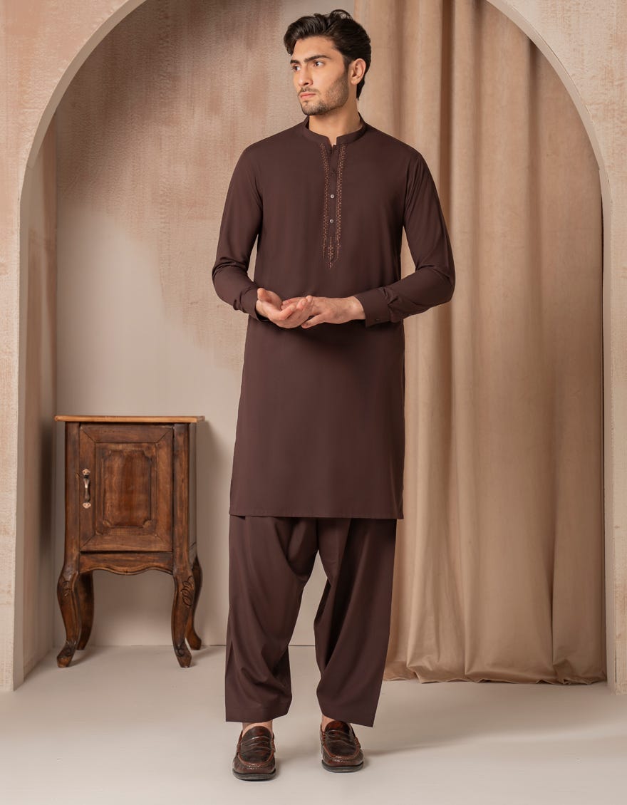 DARK BROWN BLENDED SEMI-FORMAL KAMEEZ SHALWAR