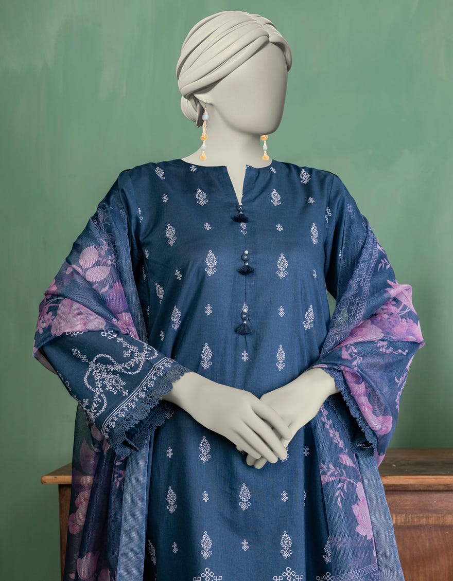 BLUE LAWN PASTE PRINTED UNSTITCHED 3PC
