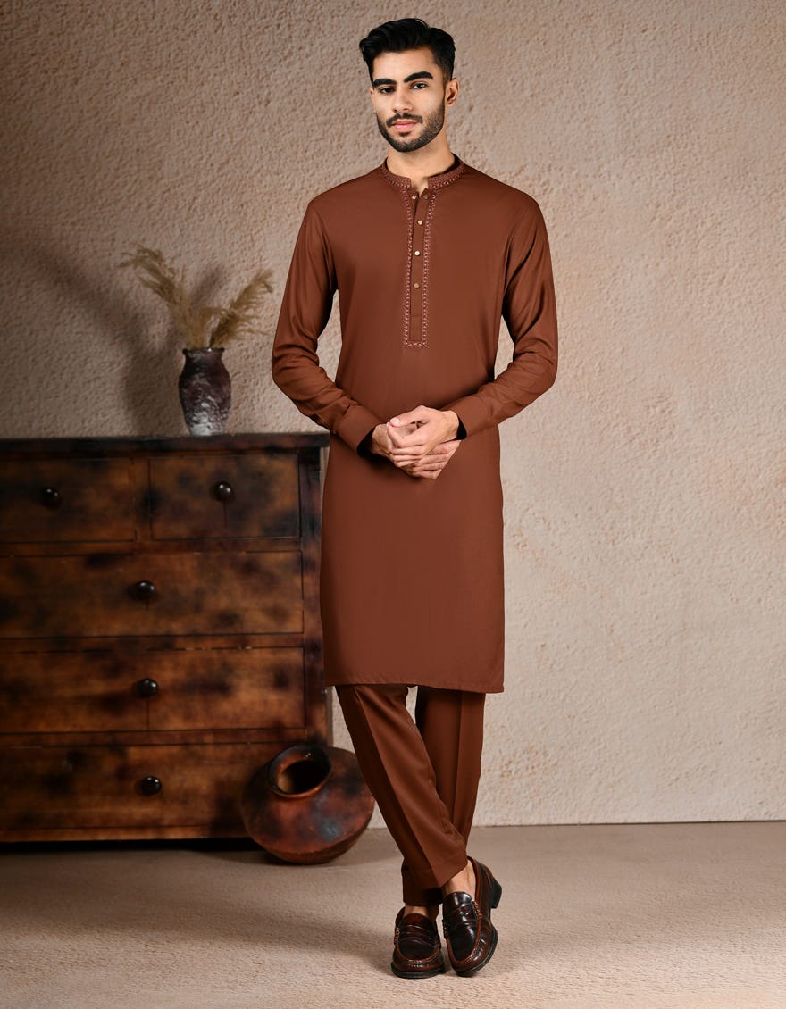 BROWN BLENDED SEMI-FORMAL KURTA TROUSERS