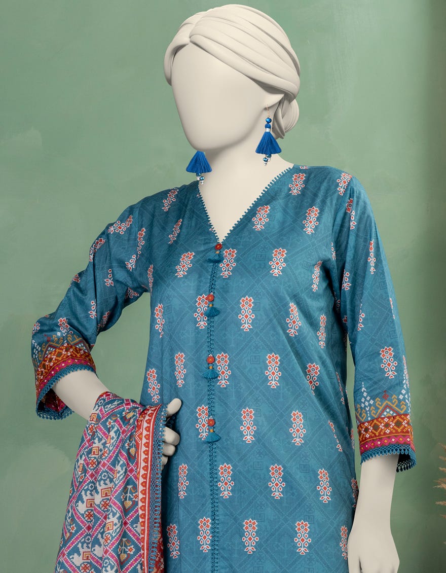 BLUE LAWN PRINTED UNSTITCHED 3PC