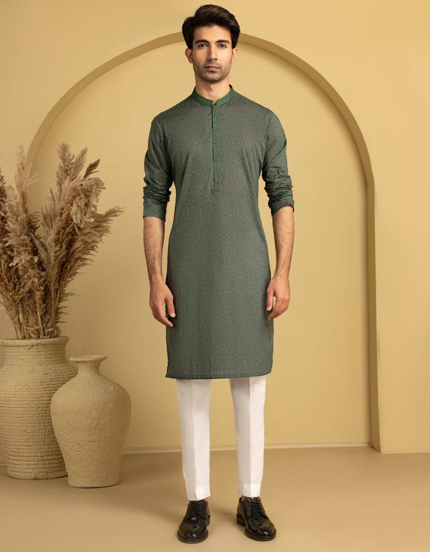 GREEN COTTON SEMI-FORMAL KURTA