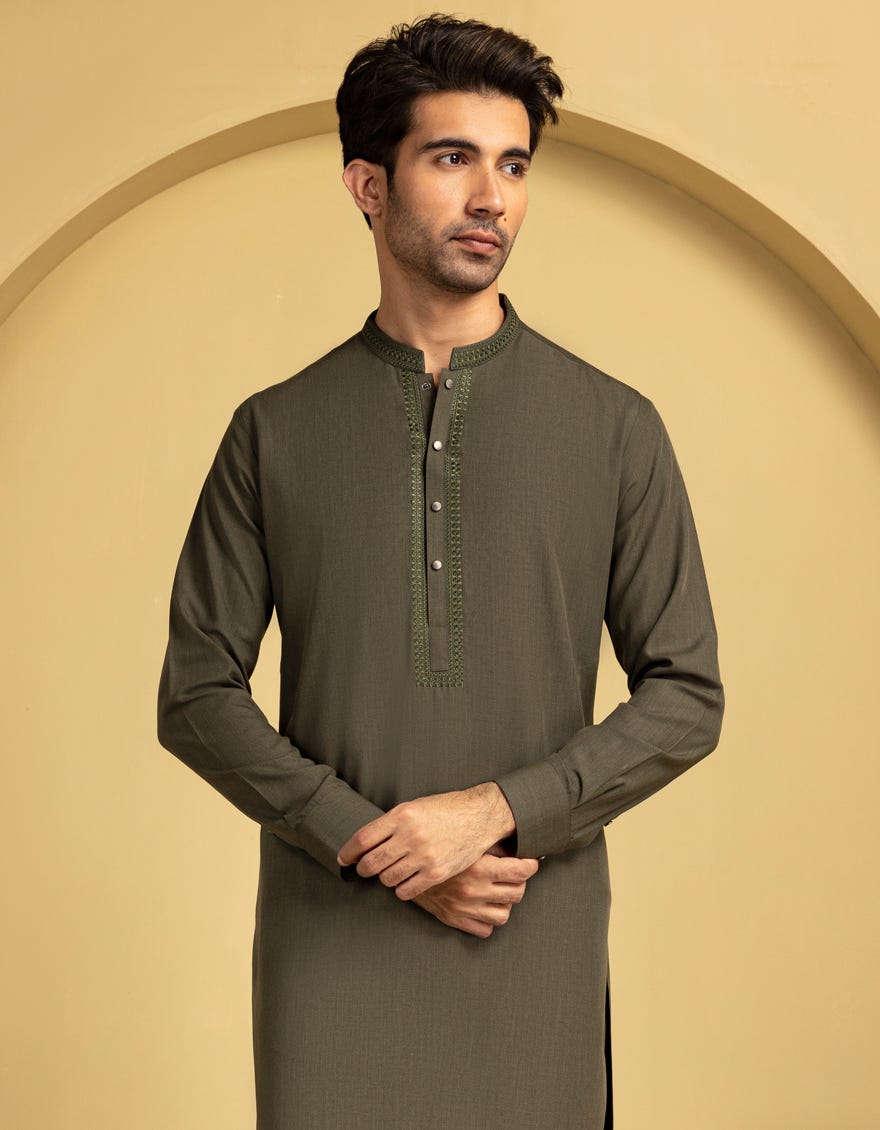 ARMY GREEN BLENDED SEMI-FORMAL KAMEEZ SHALWAR