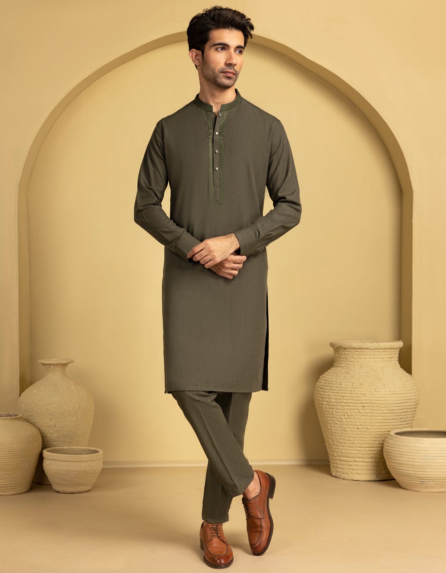 ARMY GREEN BLENDED KURTA TROUSER