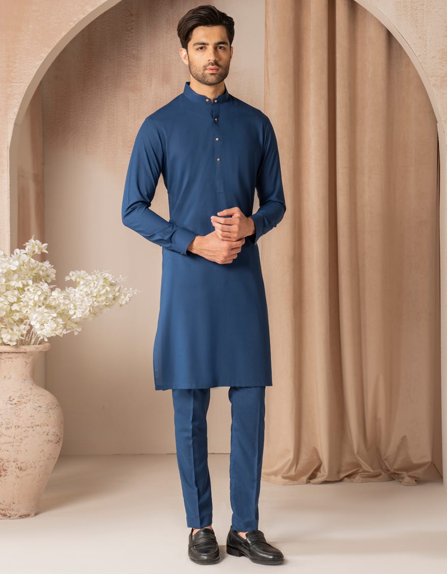 BLUE BLENDED CASUAL KURTA TROUSER